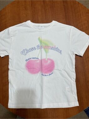 Zara White Tee with Pink Cherry & Pastel Leaf Graphic